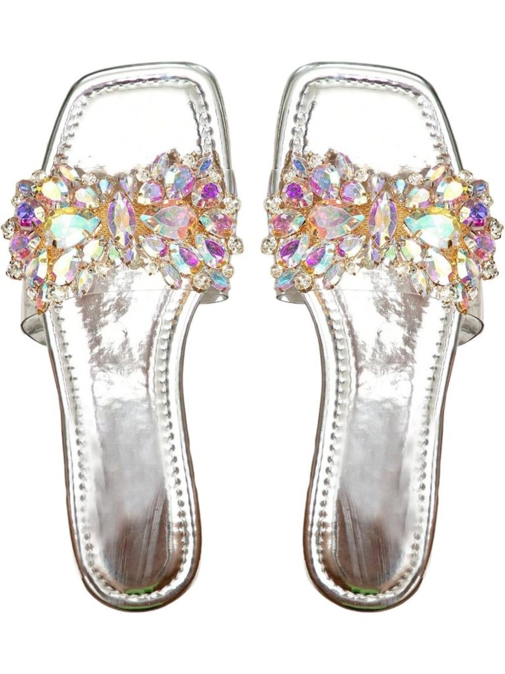 Women's Silver Rhinestone Sandals Square Toe Slides Sparkle Transparent Flats